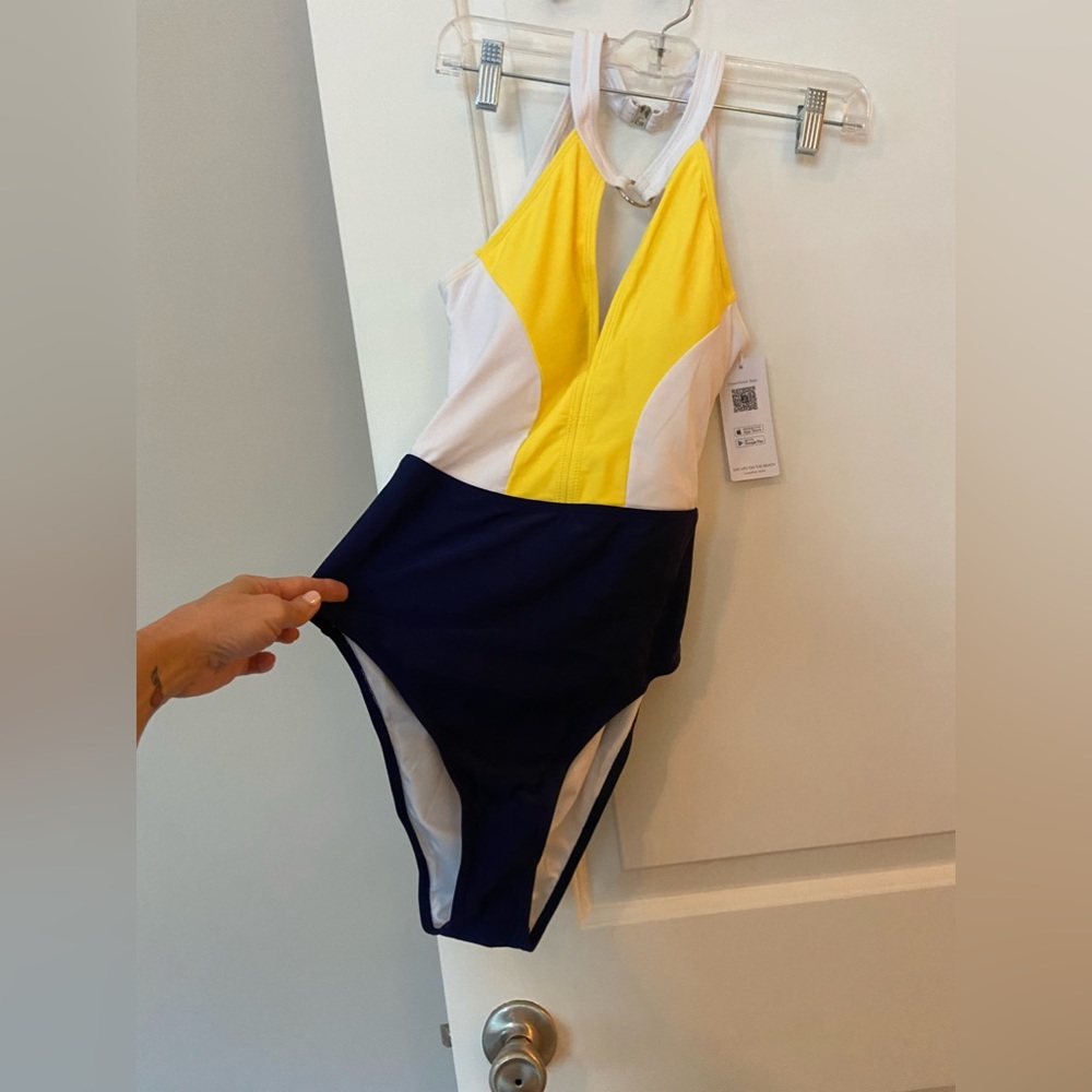 NWT Cupshe One piece swimsuit Yellow Navy and White